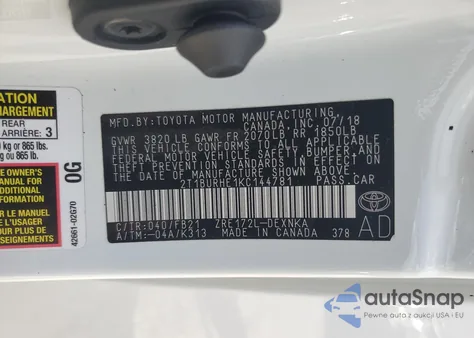 2019 Toyota Corolla L z USA, uszkodzony, nr VIN 2T1BURHE1KC144781